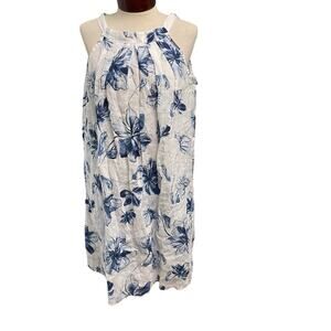 Bella Umbra 100% Linen Dress Large White Blue Floral Size Large Italy Vacation